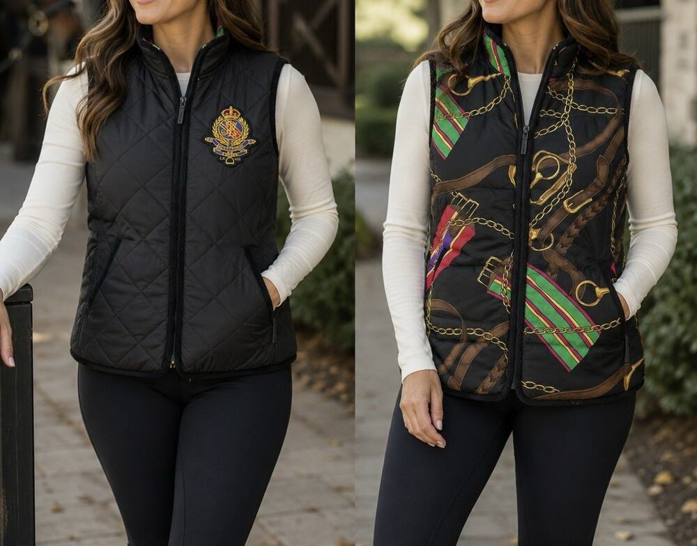 Lauren Ralph Lauren P/S Reversible Quilted Vest Equestrian Crest Black Preppy